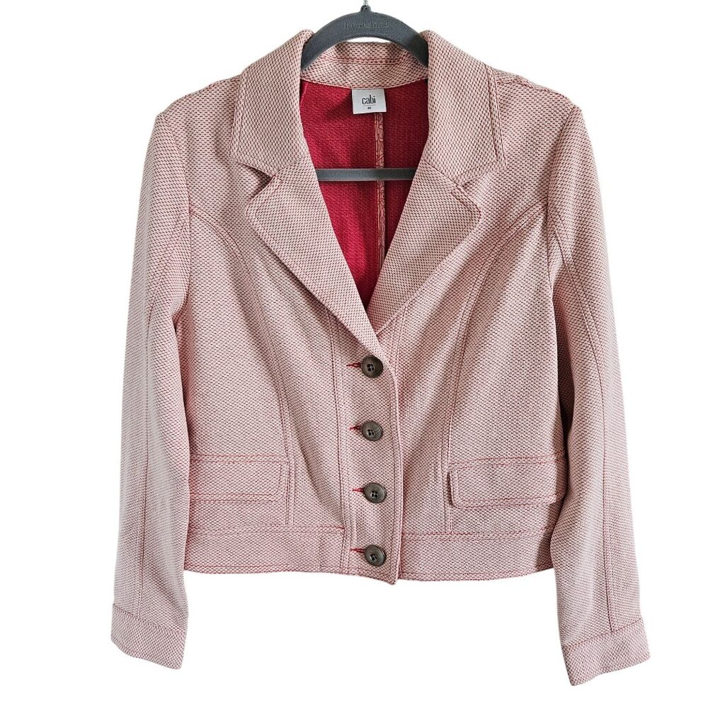 Cabi Woman Size M Jacket Knit Pique Coral & White Metal Buttons Flap Pockets - Picture 1 of 8